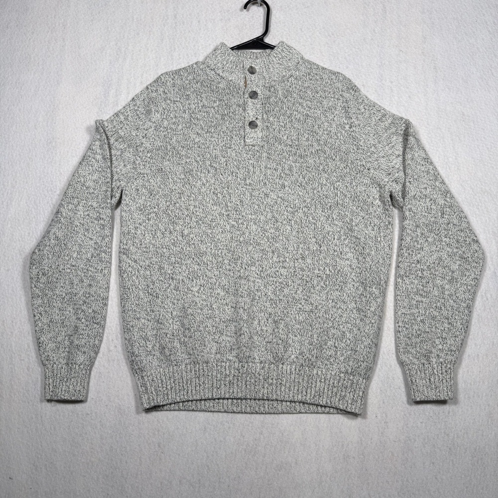 IZOD Mens Marled Knit Button Mock Neck Sweater Grey White Medium